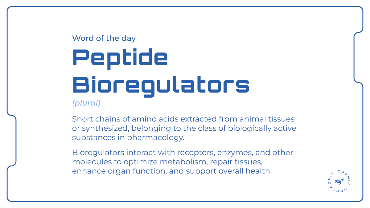 🧬 Word of the Day: Peptide Bioregulators

There are three types of peptide bioregulators available at CosmicNootropic: Cytomaxes, Cytogens, and Cytamins.

What’s the Difference?
🔹 Cytomaxes – Natural peptides
Extracted from animal organs. Organ-specific, highly effective, and
