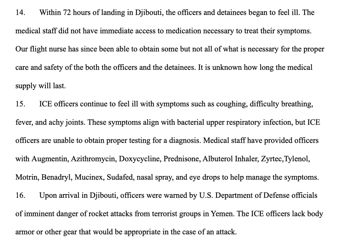 ICE describes absolutely hellish conditions for both its officers and immigrant detainees at a U.S. naval base in Djibouti — risk of malaria, extreme heat, limited lighting, sparse security measures, nearby burn pits, potential for rocket attacks, rampant sickness.

It raises the