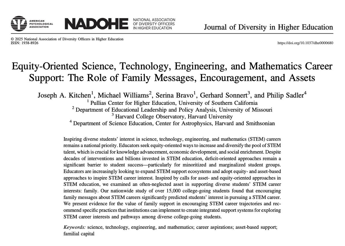 Joseph (Joey) Kitchen (@joey_kitchen) on Twitter photo Did you know that family messages, encouragement, and assets increase the odds of students expressing STEM career aspirations by about 40%? See my new article based on a nationwide study of over 15,000 college-goers in <a href="/JDHEtweets/">Journal of Diversity in Higher Education</a>. doi.org/10.1037/dhe000…
<a href="/USCPullias/">USC Pullias Center for Higher Education</a> <a href="/USCRossier/">USC Rossier</a> Did you know that family messages, encouragement, and assets increase the odds of students expressing STEM career aspirations by about 40%? See my new article based on a nationwide study of over 15,000 college-goers in <a href="/JDHEtweets/">Journal of Diversity in Higher Education</a>. doi.org/10.1037/dhe000…
<a href="/USCPullias/">USC Pullias Center for Higher Education</a> <a href="/USCRossier/">USC Rossier</a>