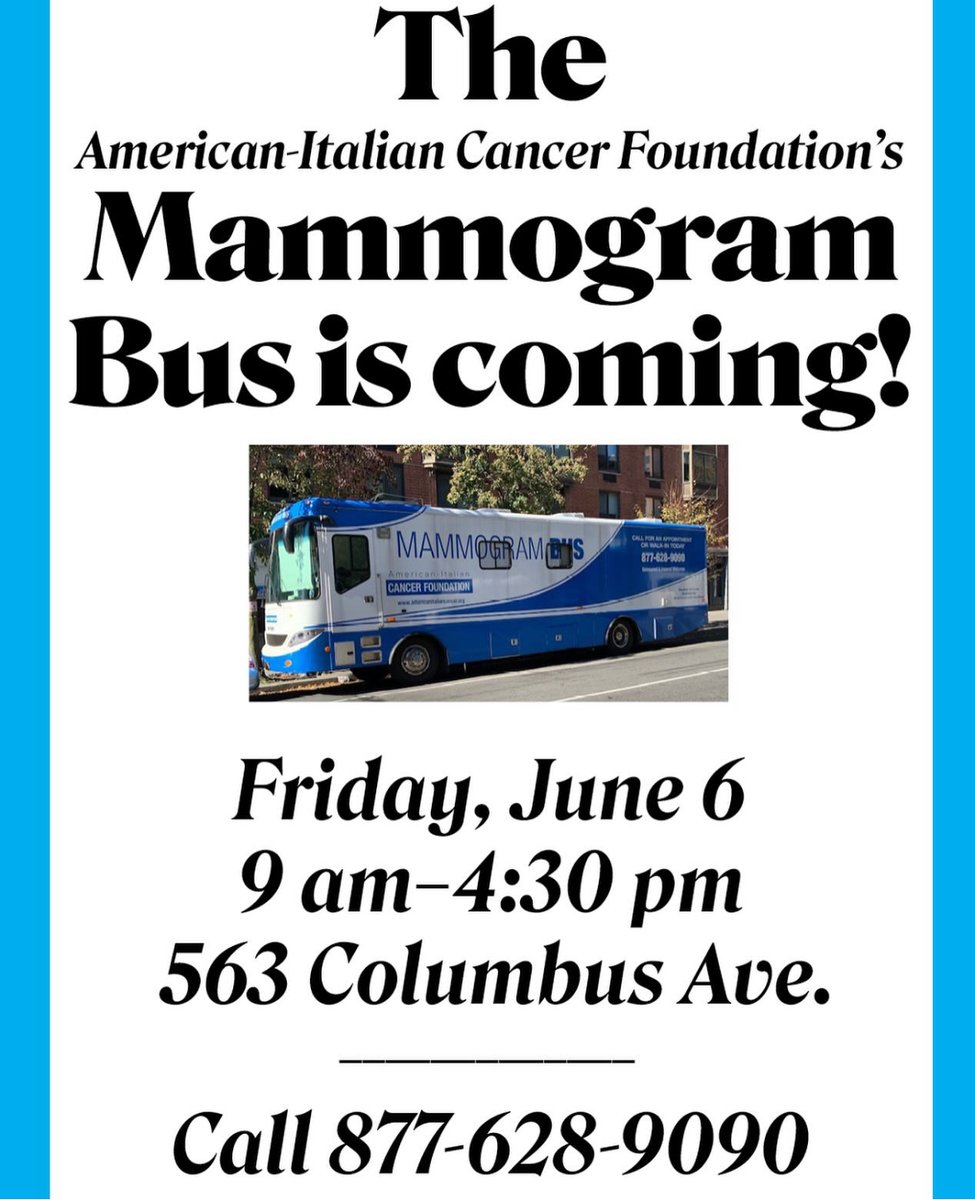 Gale A. Brewer (@galeabrewer) on Twitter photo LAST CHANCE to sign up for a no-cost screening from the American-Italian Cancer Foundation's Mammogram Bus. Available tomorrow to all NYC women ages 40–75 who haven’t had a mammogram in the past year. Uninsured patients are welcome. Call (877)628-9090 to schedule. LAST CHANCE to sign up for a no-cost screening from the American-Italian Cancer Foundation's Mammogram Bus. Available tomorrow to all NYC women ages 40–75 who haven’t had a mammogram in the past year. Uninsured patients are welcome. Call (877)628-9090 to schedule.