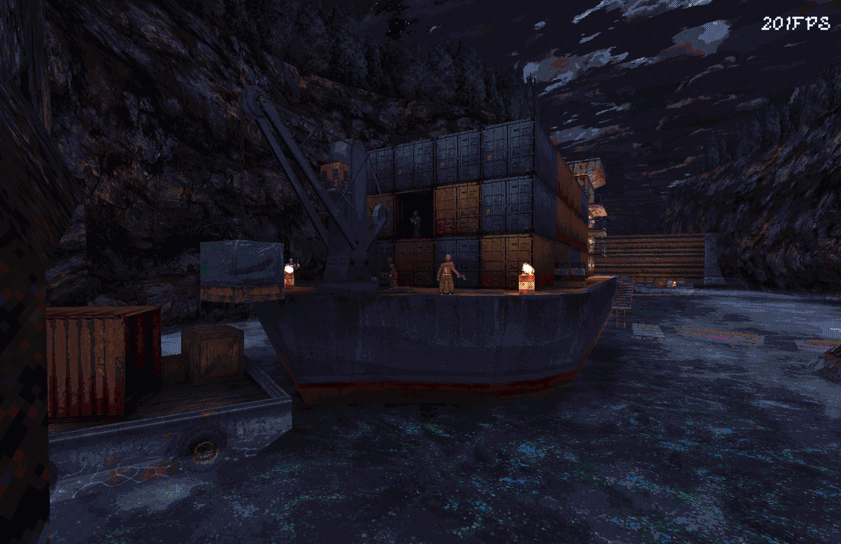 The polishing continues on E1M2! A big optimization pass on this area got the average framerate from ~90fps up to ~180-200! 

Originally this view would be rendering about 1.8M verts - but some much-needed cleanup on some costly meshes chopped it all the way down to 700k
#gamedev