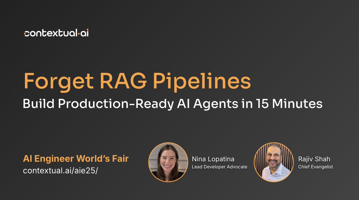 Nina Lopatina (@ninalopatina) on Twitter photo Here’s all you need to know about the 80 minute workshop <a href="/rajistics/">Rajiv Shah</a> and I presented at the <a href="/aiDotEngineer/">AI Engineer</a> World’s Fair this week:
🔑 You can treat RAG like any other managed service, with <a href="/ContextualAI/">Contextual AI</a> - why build RAG pipelines from scratch? Here’s all you need to know about the 80 minute workshop <a href="/rajistics/">Rajiv Shah</a> and I presented at the <a href="/aiDotEngineer/">AI Engineer</a> World’s Fair this week:
🔑 You can treat RAG like any other managed service, with <a href="/ContextualAI/">Contextual AI</a> - why build RAG pipelines from scratch?