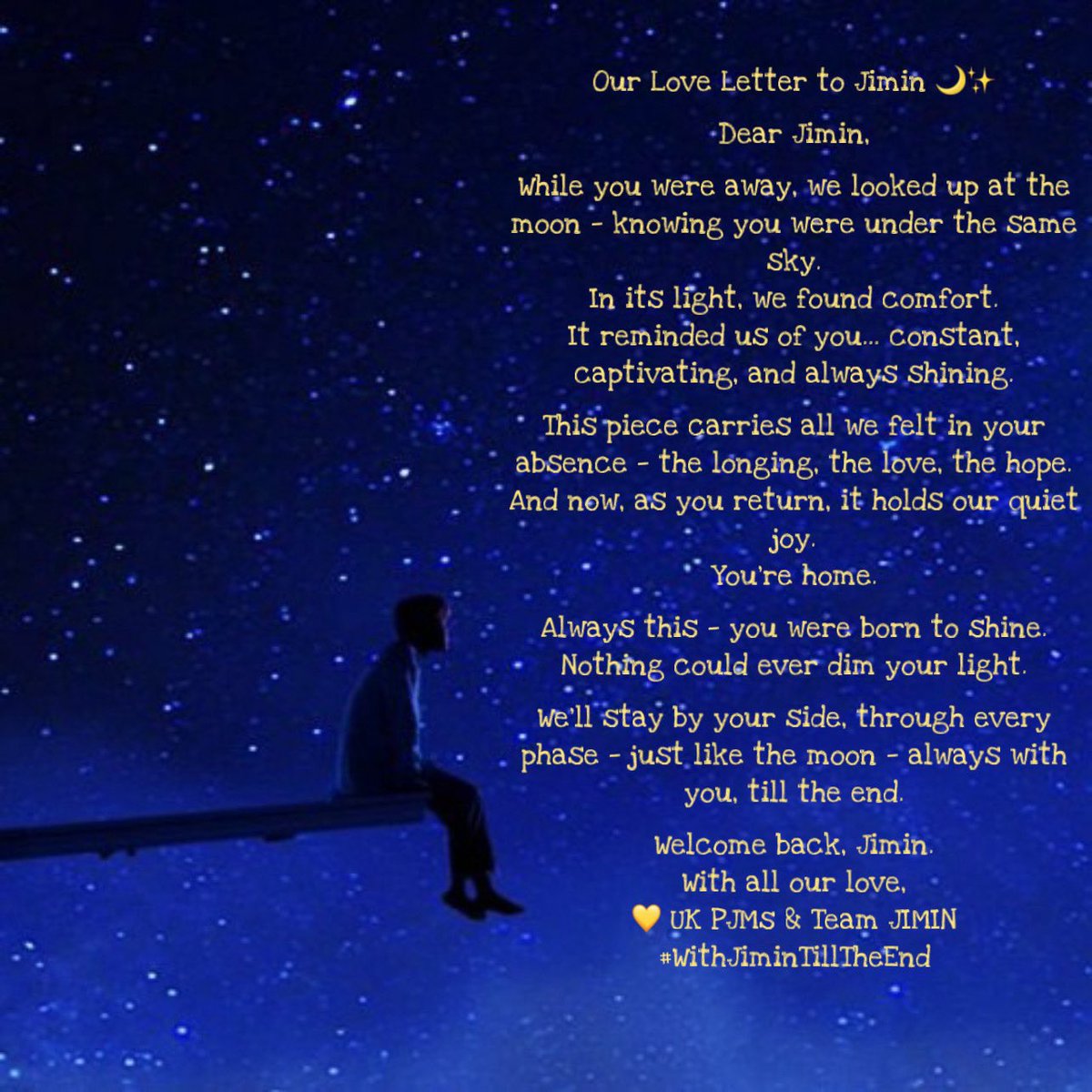 JMcharts_UK's tweet photo. Dear JIMIN 💛
It’s been 543 days! This longing is finally coming to an end. You have worked hard and we are beyond proud. Let’s cheer each other &amp; walk together with fun and laughters.

Here is our heartfelt gift from United JIMDOM to celebrate your return
UK loves you JIMIN 💛 https://t.co/RwYaorvkOG