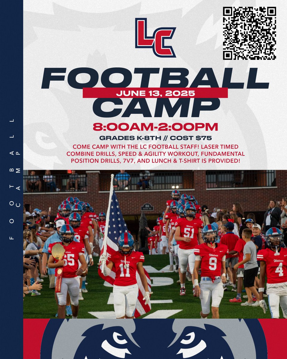 Our 1st Annual Liberty Creek Football Camp is coming up next Friday‼️ Don’t forget to get signed up for a day of fun and football instruction! Scan the QR code to purchase a ticket!