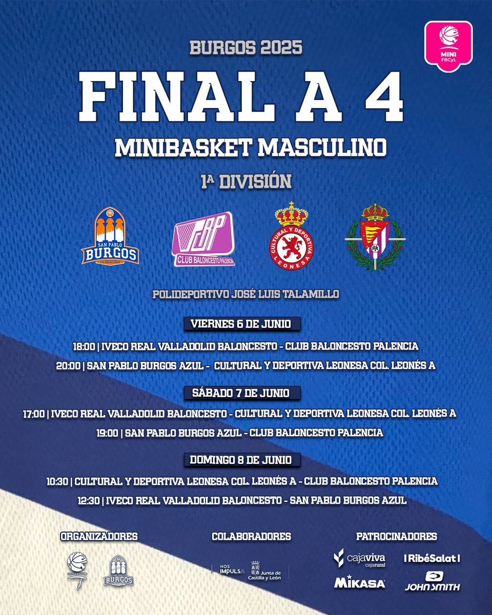 ¡Este fin de semana celebramos la #F4CyL2025 de Minibasket masculino en el Polideportivo José Luis Talamillo! 🏀

➡️ El 𝗦𝗮𝗻 𝗣𝗮𝗯𝗹𝗼 𝗕𝘂𝗿𝗴𝗼𝘀 𝗔𝘇𝘂𝗹 ejercerá de anfitrión de la competición. ¡Suerte, equipo! 💙

📝 Consulta la información aquí: sanpabloburgos.com/es/noticia/ver…