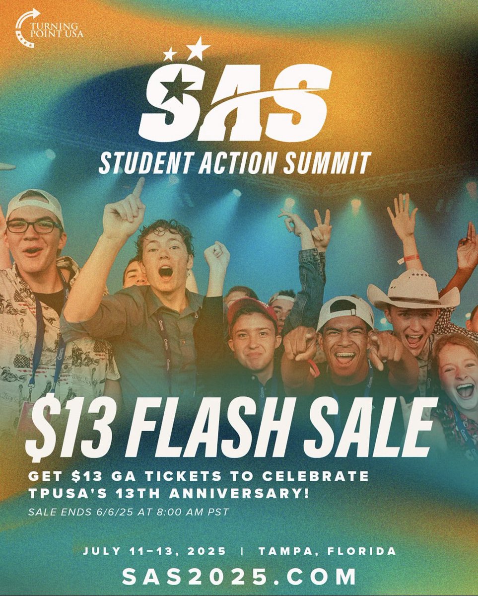 maddiedfranklin's tweet image. TPUSA just turned 13 and we’re celebrating with $13 GA tickets to #SAS2025 for the limited time! ☀️🎉
Get yours TODAY: SAS2025.com