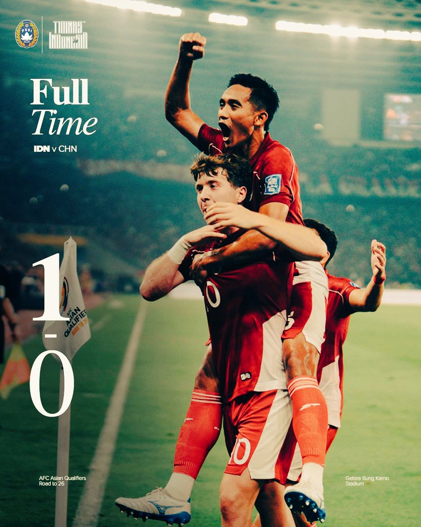 Rizky Wisnoentoro (@rwphd) on Twitter photo Congratulations! π²π¨β¨οΈβ½οΈ
Indonesia 1:0 China
(Full time)
#TimnasIndonesia
#TimnasDay
#WCQ2026
<a href="/TimnasIndonesia/">Timnas Indonesia</a>
AFC Asian Qualifiers Congratulations! π²π¨β¨οΈβ½οΈ
Indonesia 1:0 China
(Full time)
#TimnasIndonesia
#TimnasDay
#WCQ2026
<a href="/TimnasIndonesia/">Timnas Indonesia</a>
AFC Asian Qualifiers