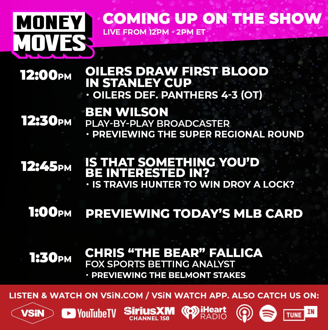 VSiN (@vsinlive) on Twitter photo Coming up from 12pm-2pm ET is #MoneyMoves with <a href="/StormBuonantony/">Stormy (Buonantony) Normandt</a> & <a href="/meJVT/">Jonathan Von Tobel</a>
We recap GM 1 of the #StanleyCupFinal and finally it's time for the #NBAFinals. Can the Pacers shock the world?
Guests:
12:30pm <a href="/Ben_Wilson_1/">Ben Wilson</a>
1:30pm <a href="/chrisfallica/">Chris Fallica</a>
<a href="/SIRIUSXM/">SiriusXM</a> Ch. 158 Coming up from 12pm-2pm ET is #MoneyMoves with <a href="/StormBuonantony/">Stormy (Buonantony) Normandt</a> & <a href="/meJVT/">Jonathan Von Tobel</a>
We recap GM 1 of the #StanleyCupFinal and finally it's time for the #NBAFinals. Can the Pacers shock the world?
Guests:
12:30pm <a href="/Ben_Wilson_1/">Ben Wilson</a>
1:30pm <a href="/chrisfallica/">Chris Fallica</a>
<a href="/SIRIUSXM/">SiriusXM</a> Ch. 158