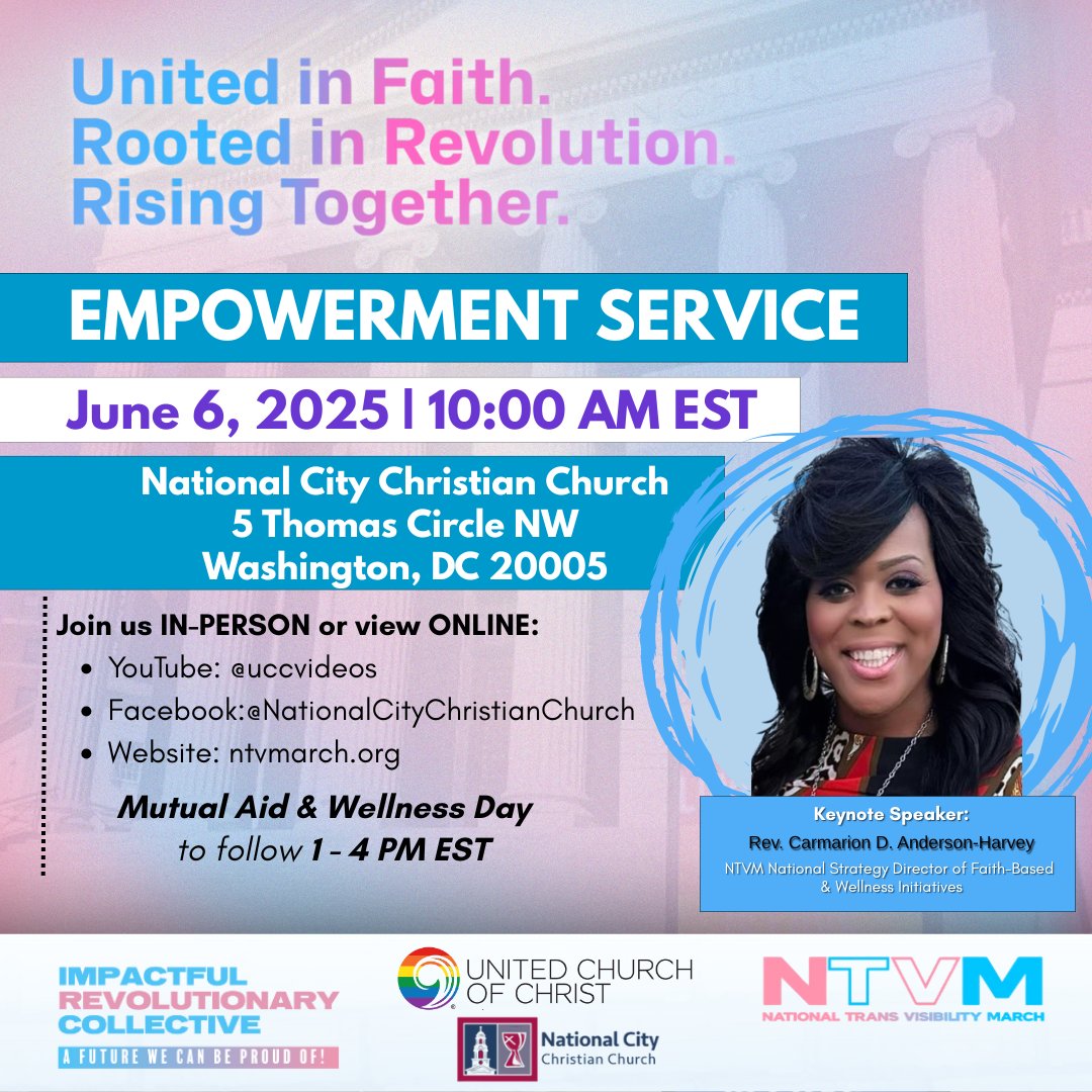 Join National Trans Visibility March for a worship service that’s a celebration of faith, power, and resilience. 

Join on June 6 at 10 am ET in person or online. 

#NTVM #EmpowermentService #TransVisibility #NTVM2025