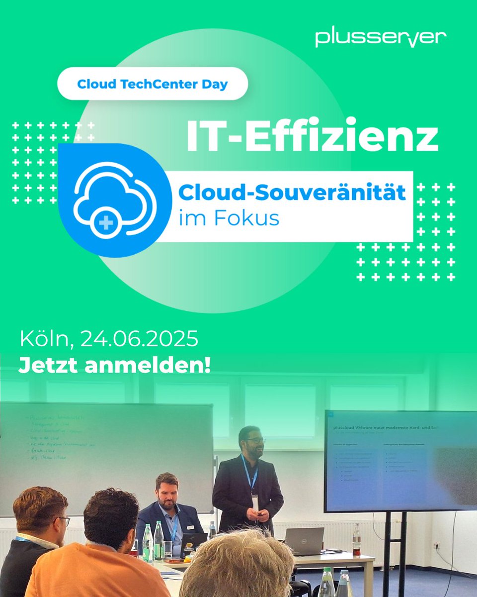 🔐 Digitale Souveränität zum Anfassen – beim Cloud TechCenter Day in Köln
📅 24. Juni 2025 | 📍 plusserver Standort Köln

Jetzt anmelden &amp; einen der begehrten Plätze sichern:
🔗 plusserver.com/event/it-effiz…