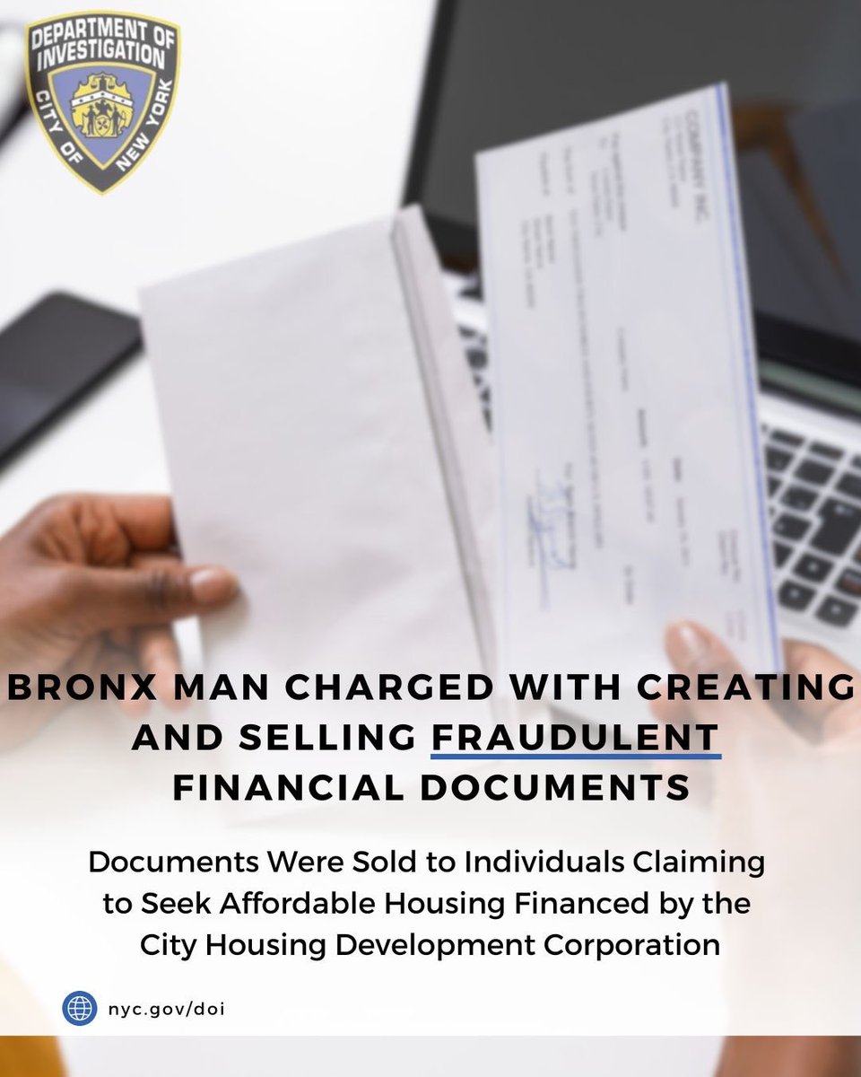 NYC DOI (@nyc_doi) on Twitter photo Bronx Man is Charged With Creating and Selling Fraudulent Financial Documents to Individuals Claiming to Seek Affordable Housing in NYC. Thank you <a href="/BrooklynDA/">Brooklyn District Attorney Eric Gonzalez</a> for your partnership on this investigation.
Read the release here: bit.ly/3FFV01r Bronx Man is Charged With Creating and Selling Fraudulent Financial Documents to Individuals Claiming to Seek Affordable Housing in NYC. Thank you <a href="/BrooklynDA/">Brooklyn District Attorney Eric Gonzalez</a> for your partnership on this investigation.
Read the release here: bit.ly/3FFV01r