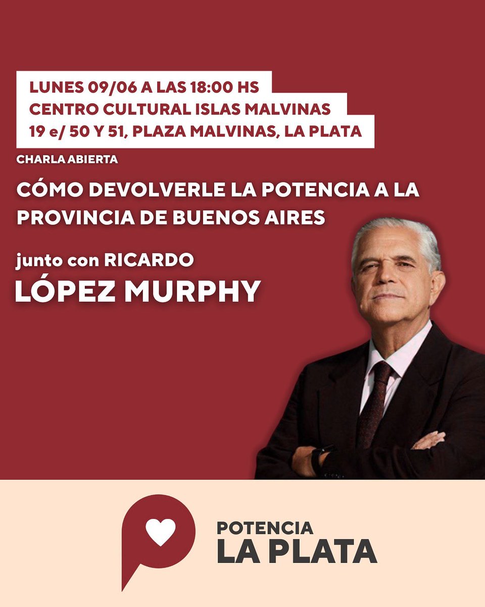 Potencia La Plata (@potencialaplata) on Twitter photo Los invitamos a participar de la siguiente actividad:
CÓMO DEVOLVERLE LA POTENCIA A LA PROVINCIA DE BUENOS AIRES junto con <a href="/rlopezmurphy/">Ricardo López Murphy</a>
💪❤️ Los invitamos a participar de la siguiente actividad:
CÓMO DEVOLVERLE LA POTENCIA A LA PROVINCIA DE BUENOS AIRES junto con <a href="/rlopezmurphy/">Ricardo López Murphy</a>
💪❤️