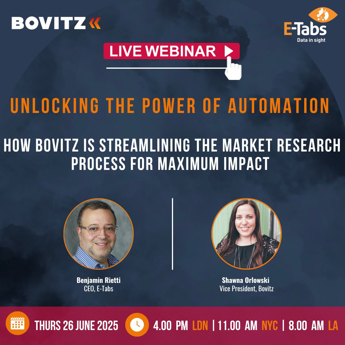Join E-Tabs and Bovitz for an exclusive webinar exploring how Bovitz is streamlining their market research process for maximum impact🔥

Learn how automation is transforming workflows and driving smarter, faster insights.
 
 events.teams.microsoft.com/event/a07547c2…

#ETabs #Bovitz #Webinar #MRX