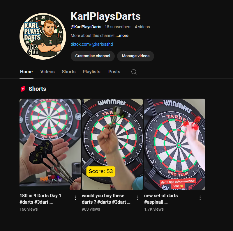 youtube is banging numbers out better than tiktok atm so please give us a subscribe, going to plan some long from content when my new equipment arrives.

youtube.com/@KarlPlaysDarts
