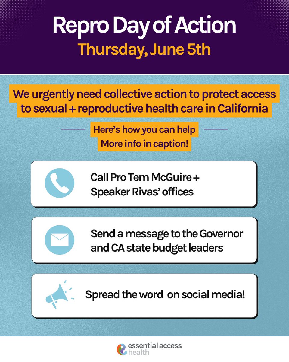 🚨 CA’s budget cuts threaten birth control, abortion, &amp; STI care. We must act! 🚨

📅 Thurs 6/5: Repro Day of Action
1️⃣ Call Pro Tem McGuire + Speaker Rivas
2️⃣ Email Gov &amp; state leaders
3️⃣ Share this!

💥Let’s keep CA a Repro Freedom state!
🔗Call Script: ow.ly/qbGc50W4Eeh