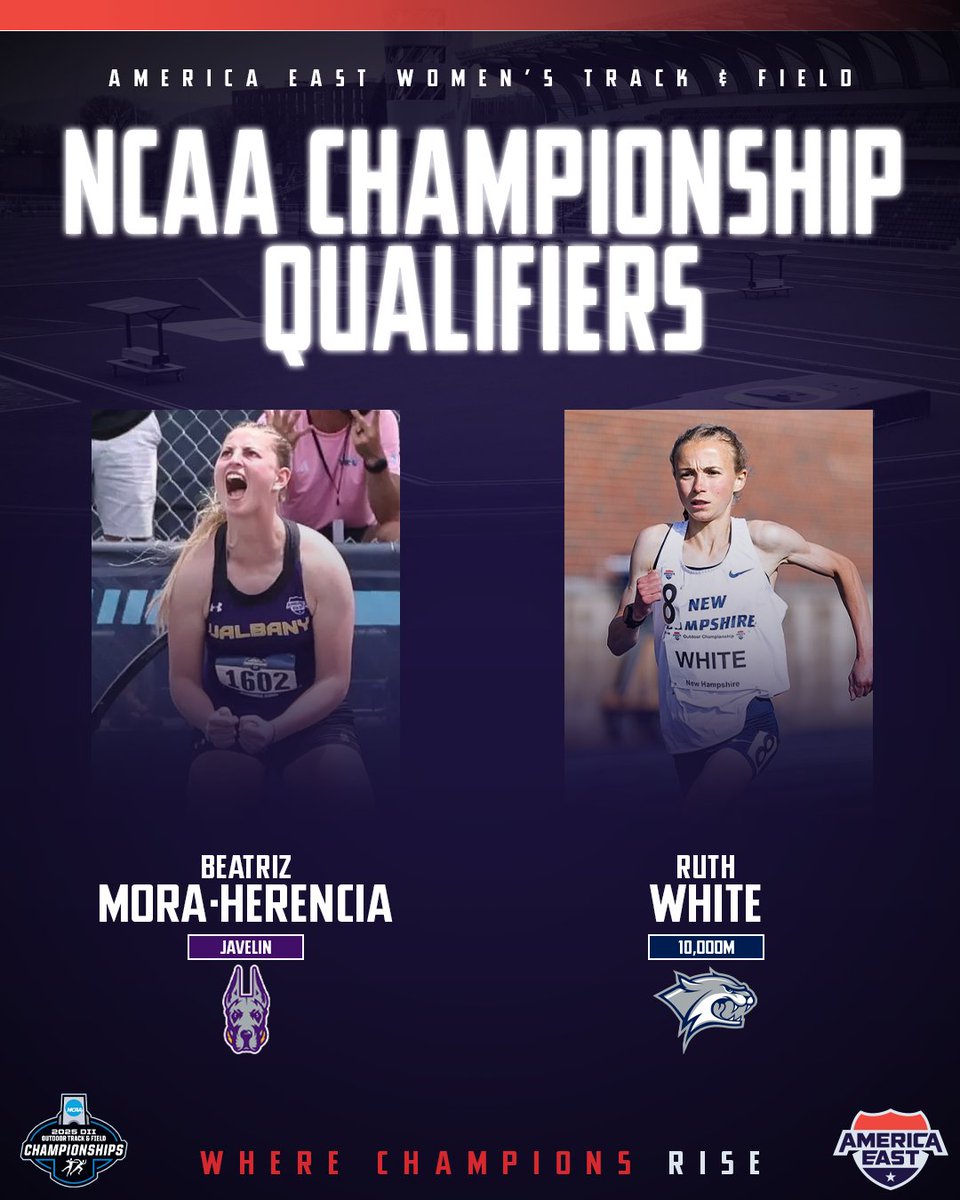America East (@americaeast) on Twitter photo Following an impressive spring, six America East student-athletes have qualified for the <a href="/NCAATrackField/">NCAA Track & Field</a> Championships, which will be held from June 11-13 at Hayward Field in Eugene, Oregon. It is the highest number of #AETF student-athletes to qualify since 2016.
📰 Following an impressive spring, six America East student-athletes have qualified for the <a href="/NCAATrackField/">NCAA Track & Field</a> Championships, which will be held from June 11-13 at Hayward Field in Eugene, Oregon. It is the highest number of #AETF student-athletes to qualify since 2016.
📰