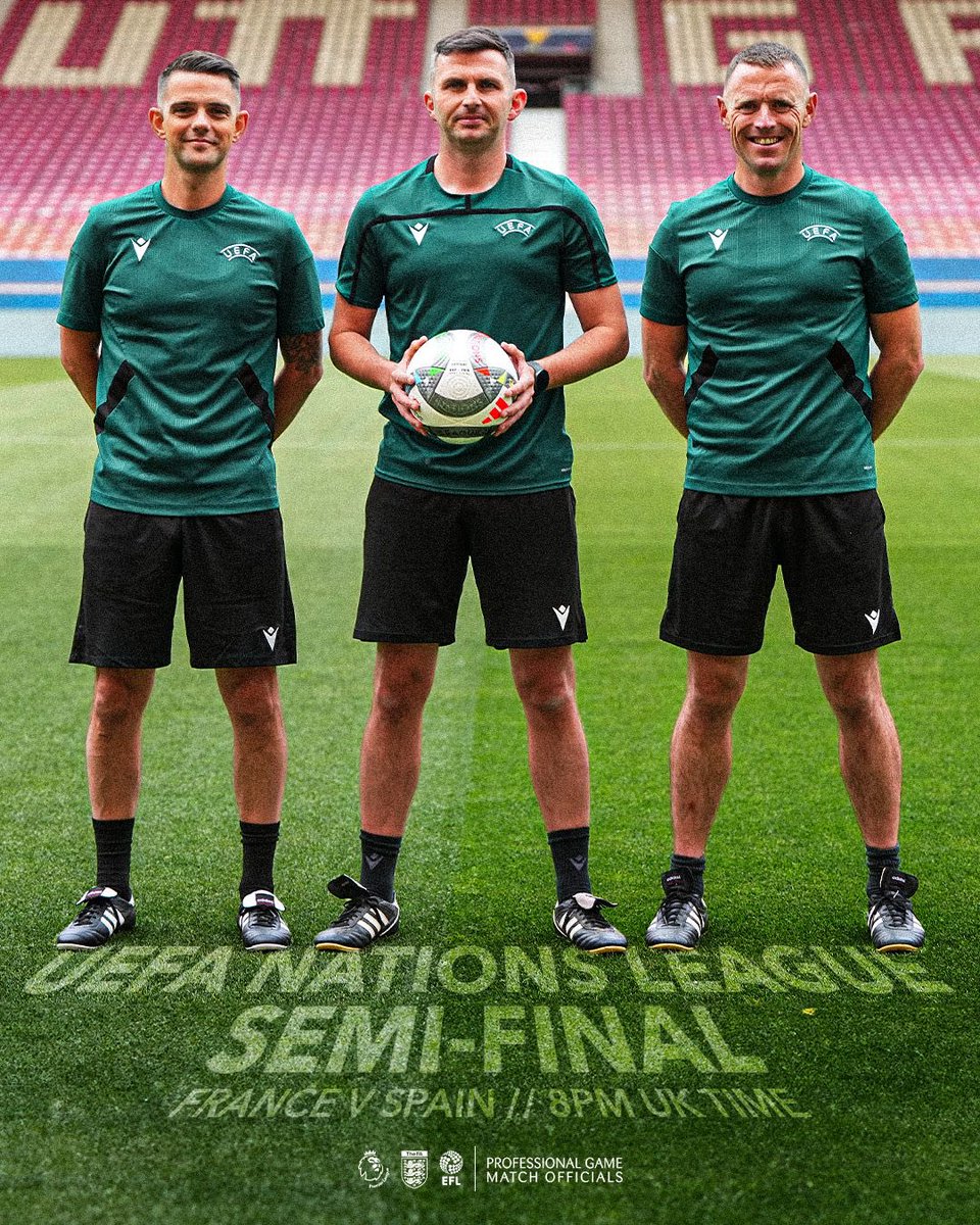 🪧 Six of our officials will take charge of the #NationsLeague semi-final between France and Spain this evening.

Referee: Michael Oliver 
ARs: Stuart Burt &amp; James Mainwaring
4th: Andy Madley
VAR: Jarred Gillett
AVAR: Michael Salsbury

Good luck, team! 💪