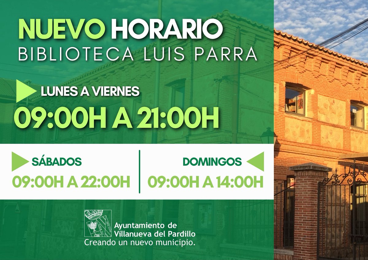 AytoVPardillo's tweet photo. 📚VILLANUEVA DEL PARDILLO AMPLÍA EL HORARIO DE SU BIBLIOTECA MUNICIPAL

👉🏼Durante junio, la Biblioteca "Luis Parra" abrirá también los fines de semana para ofrecer más espacio y tiempo de estudio a los jóvenes pardillanos.

#VillanuevaDelPardillo #Biblioteca #Exámenes https://t.co/UmIbiiovHL