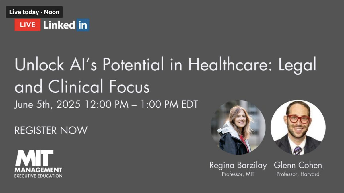 MIT Jameel Clinic for AI & Health (@aihealthmit) on Twitter photo LinkedIn Live about our Transforming Healthcare with AI course starts soon @ 12pm ET featuring <a href="/BarzilayRegina/">Regina Barzilay</a> and <a href="/CohenProf/">I. Glenn Cohen</a>! linkedin.com/feed/update/ur… LinkedIn Live about our Transforming Healthcare with AI course starts soon @ 12pm ET featuring <a href="/BarzilayRegina/">Regina Barzilay</a> and <a href="/CohenProf/">I. Glenn Cohen</a>! linkedin.com/feed/update/ur…