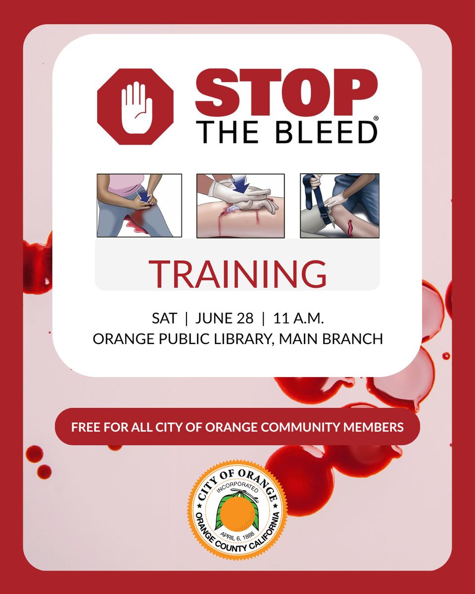 City of Orange (@cityoforangeca) on Twitter photo Join <a href="/orangecityfire/">Orange City Fire</a> for a FREE hands-on Stop the Bleed training session!
🗓️ Saturday, June 28
⏰ 11 a.m. to 12:30 p.m.
📍 Orange Public Library, 407 East Chapman Ave
ℹ️ Open to everyone – no experience needed! Spots are limited, so sign up now at eventbrite.com/e/stop-the-ble…. Join <a href="/orangecityfire/">Orange City Fire</a> for a FREE hands-on Stop the Bleed training session!
🗓️ Saturday, June 28
⏰ 11 a.m. to 12:30 p.m.
📍 Orange Public Library, 407 East Chapman Ave
ℹ️ Open to everyone – no experience needed! Spots are limited, so sign up now at eventbrite.com/e/stop-the-ble….