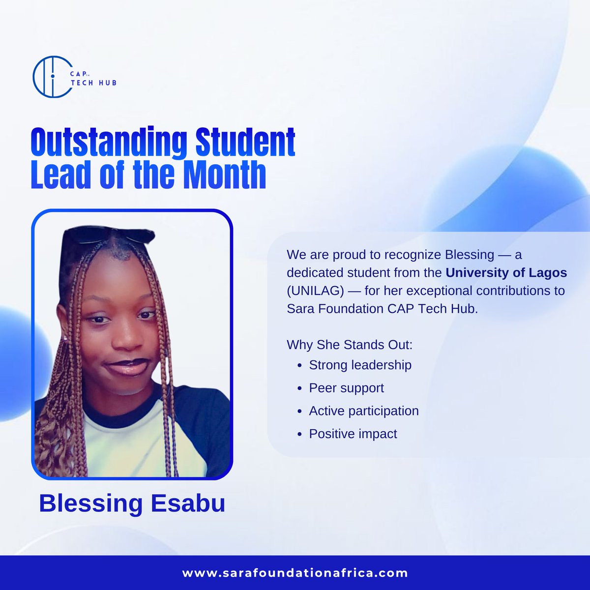 Sarafoundations's tweet image. Meet Blessing Esabu from UNILAG — a shining example of leadership and dedication at the Sara Foundation CAP Tech Hub! 
Your journey is just beginning, Blessing. Congrats!

👉 sarafoundationafrica.com/support-us

#SaraFoundation #CAPTechHub #StudentLeader #WomenInTech #UNILAG #YouthInTech