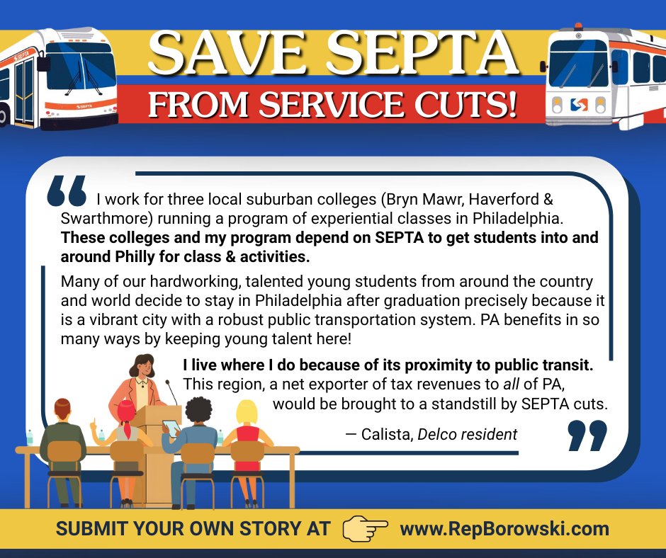 Students and professors at Philly &amp; southeast PA colleges and universities depend on SEPTA, and we won't let the Senate ignore that! #savesepta
&gt;&gt; Sign our petition or submit your SEPTA story at my website: RepBorowski.com