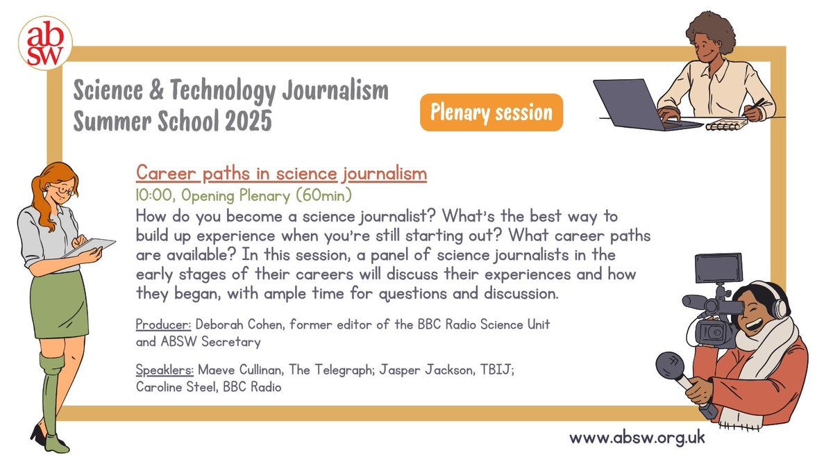 #abswss25
ABSW Science &amp; Technology Journalism Summer School 2025
📍King's College London
📆 Thu, 26 June 2025

📢Speakers: 
<a href="/maeve_cullinan/">Maeve Cullinan</a> <a href="/Telegraph/">The Telegraph</a> 
<a href="/JaspJackson/">Jasper Jackson</a>  <a href="/TBIJ/">The Bureau of Investigative Journalism</a>  
<a href="/CarolineSteel3/">Caroline Steel</a> #BBCradio

Join in person or online
🔗zurl.co/FyY62 

<a href="/WFSJ/">World Federation of Science Journalists</a>
<a href="/eurofsj/">EFSJ - Euro Sci Jour</a>
<a href="/ISTJA_IE/">ISTJA</a>