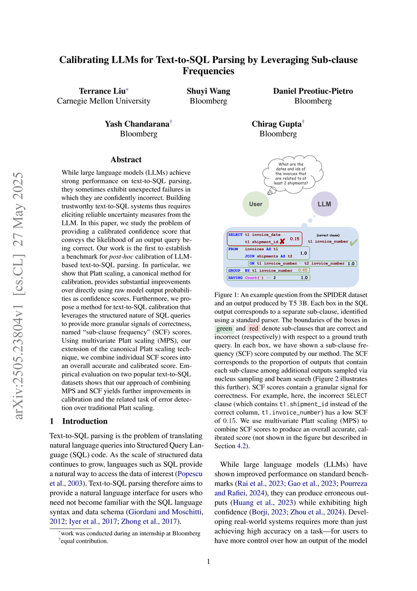 TechAtBloomberg's tweet image. Read "Calibrating LLMs for Text-to-SQL Parsing by Leveraging Sub-clause Frequencies" by Terrance Liu (an intern from @SCSatCMU), Shuyi Wang, @daniel_preotiuc, Yash Chandarana & Chirag Gupta of @Bloomberg's #AI Engineering group
bloom.bg/4kUSOlK
#arxiv #TextToSQL
(2/3)