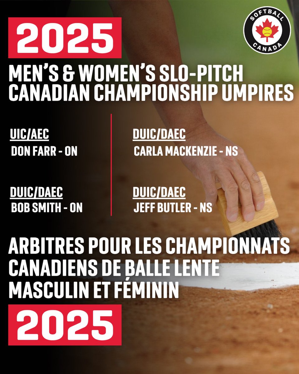 🚨Umpires and Supervisors Announced🚨
 
We’re excited to announce our incredible team of umpires and supervisors for the upcoming Men’s and Women’s Slo-Pitch Canadian Championships, which will be taking place from August 10 – 16 in Surrey, B.C.
 
Stay turn for more information