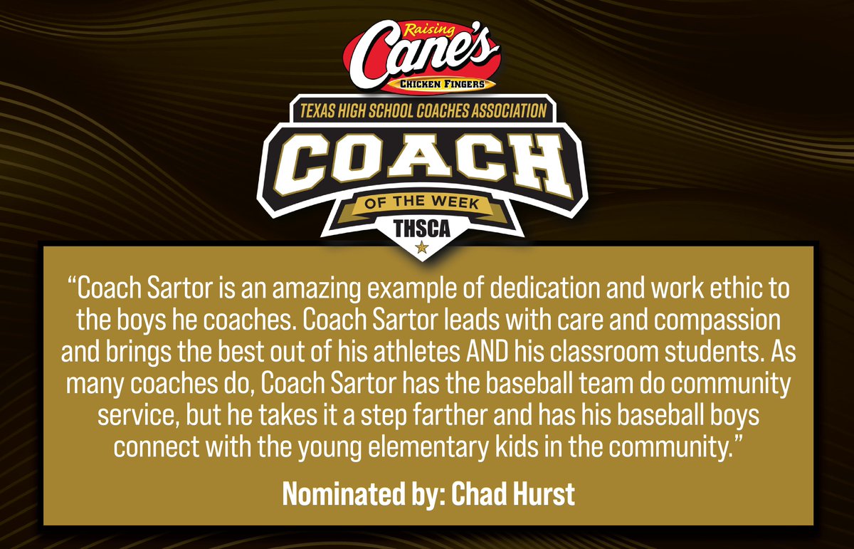 THSCA (@thscacoaches) on Twitter photo Congratulations to <a href="/raisingcanes/">Raising Cane's</a> Coach of the Week, Matt Sartor from Wakeland High School!🎉 You make us #THSCAProud!
<a href="/WakelandBaseba1/">WakelandBaseball</a> | <a href="/CoachHurst25/">Coach Hurst</a> Congratulations to <a href="/raisingcanes/">Raising Cane's</a> Coach of the Week, Matt Sartor from Wakeland High School!🎉 You make us #THSCAProud!
<a href="/WakelandBaseba1/">WakelandBaseball</a> | <a href="/CoachHurst25/">Coach Hurst</a>