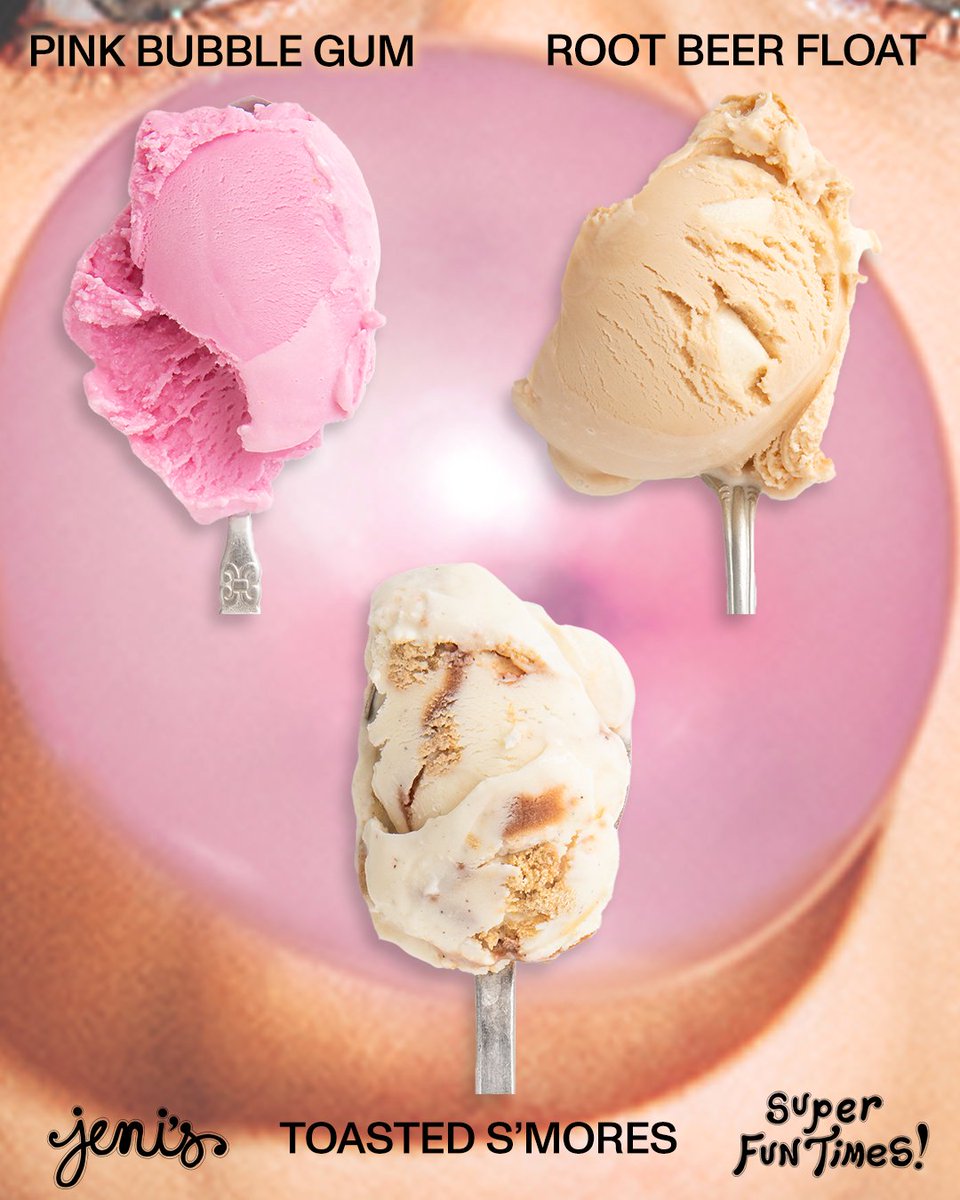 IT’S TIME FOR SUPER FUN TIMES!!!

PINK BUBBLE GUM
ROOT BEER FLOAT
TOASTED S’MORES

New flavors now in scoop shops, online, and on our app!
jenis.com/pages/super-fu…
