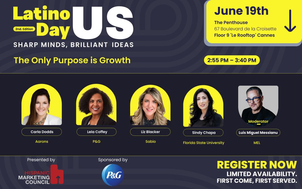 Hispanic Marketing Council (@hmchispanic) on Twitter photo We’re excited to see Latino US Day return to <a href="/Cannes_Lions/">LIONS | The Home of Creativity</a> on June 19! 🌟Don’t miss our panel with <a href="/ProcterGamble/">Procter & Gamble</a>, a game-changing session that reframes Multicultural Marketing as a core business strategy, not a side initiative. Save your seat now! docs.google.com/forms/d/e/1FAI… We’re excited to see Latino US Day return to <a href="/Cannes_Lions/">LIONS | The Home of Creativity</a> on June 19! 🌟Don’t miss our panel with <a href="/ProcterGamble/">Procter & Gamble</a>, a game-changing session that reframes Multicultural Marketing as a core business strategy, not a side initiative. Save your seat now! docs.google.com/forms/d/e/1FAI…