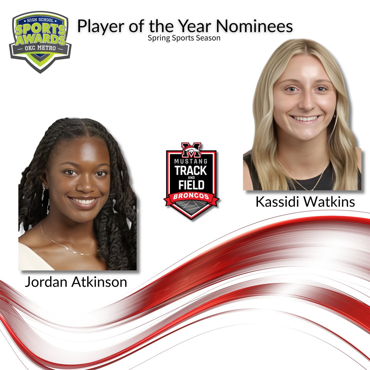 🏃‍♀️👏 Mustang’s Jordan Atkinson and Kassidi Watkins are nominees for Girls Track &amp; Field Player of the Year in the OKC Metro Sports Awards! Winners announced June 10 as part of the USA TODAY High School Sports Awards.
🔗 oklahoman.com/story/sports/h… 

#BroncoPride | #WeAreMustang