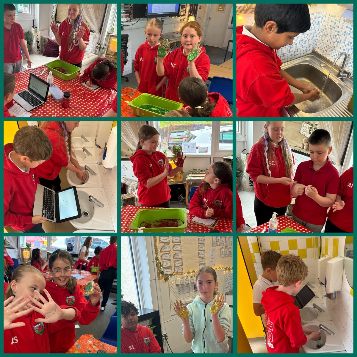 gwaun_year6's tweet photo. 🦠 We have been investigating the transmission of germs &amp; asking; Could good hygiene have slowed down infection rates during the plague? 💀 Superb teamwork here as our pupils identify the best handwashing methods 🧼#FairTest #HandsOn #STEM #ScienceSavesLives @GwaunfarrenSch https://t.co/zhJDy1whon