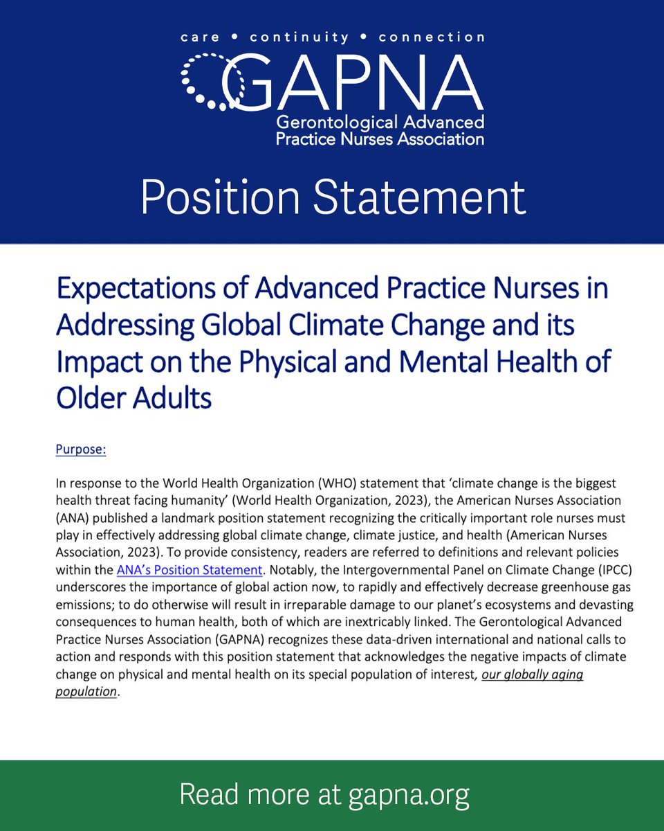 In March, GAPNA released a position statement regarding the expectations of advanced practice nurses in addressing global climate change and its impact on the physical and mental health of older adults. 

Read the statement👇
ow.ly/JroS50W0g9V