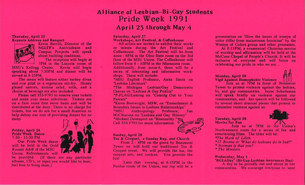 #TBT Brochure highlighting events during Pride Week, April 25-May 4, 1991, hosted by the Alliance of Lesbian-Bi-Gay Students. Happy Pride Month! #MSUHistory