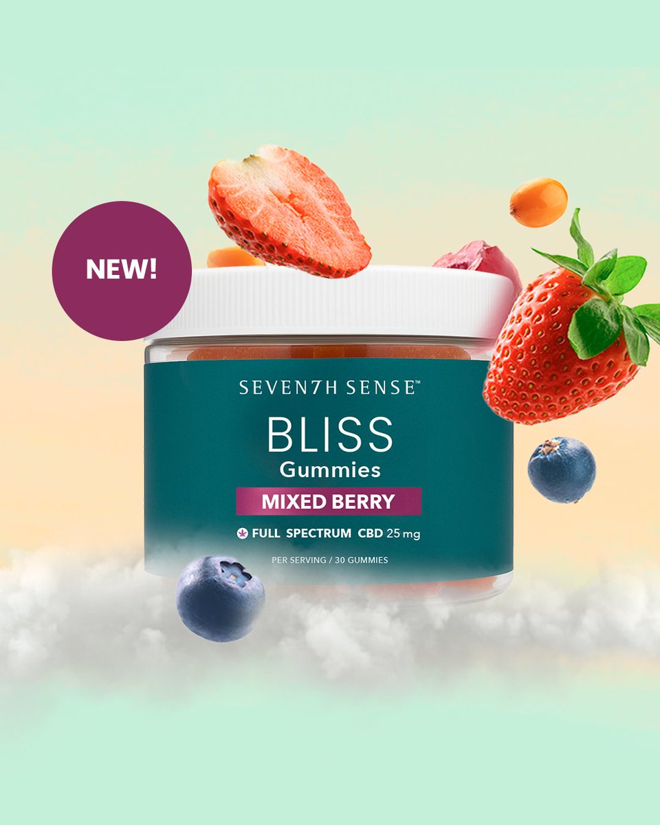 SeventhSenseCBD's tweet photo. Meet our new Bliss Full Spectrum Gummies—a juicy Mixed Berry bite to help you de-stress, lift your mood &amp; take the edge off.

🫐 750mg p/jar (25mg p/gummy)
✨ Full-spectrum formula = max benefits
🍓 Vegan, kosher &amp; made with real berry purée
🍬 Only 1g of sugar https://t.co/Q622cRosig