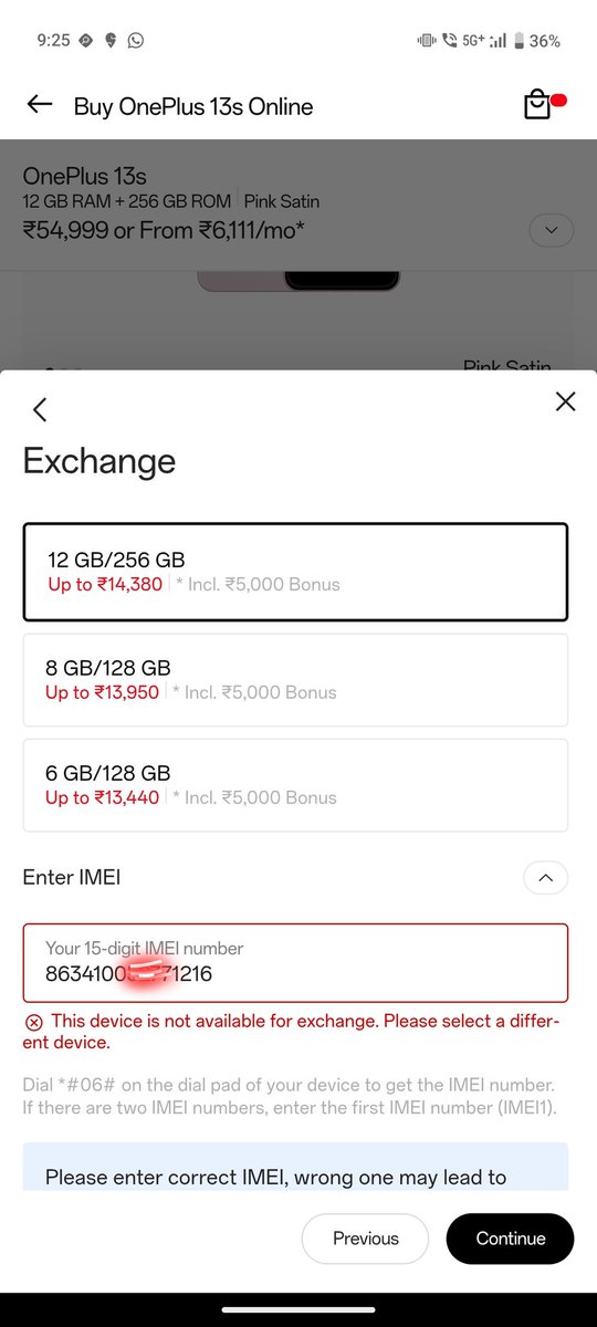 TechFactsRafee's tweet image. Trying to order #OnePlus13s by exchanging #OnePlusNord2 , but it's showing "Not available for Exchange", @OnePlus_IN please check this.

Note: i double checked my IMEI, and tried with 2nd IMEI also, the issue remains the same.