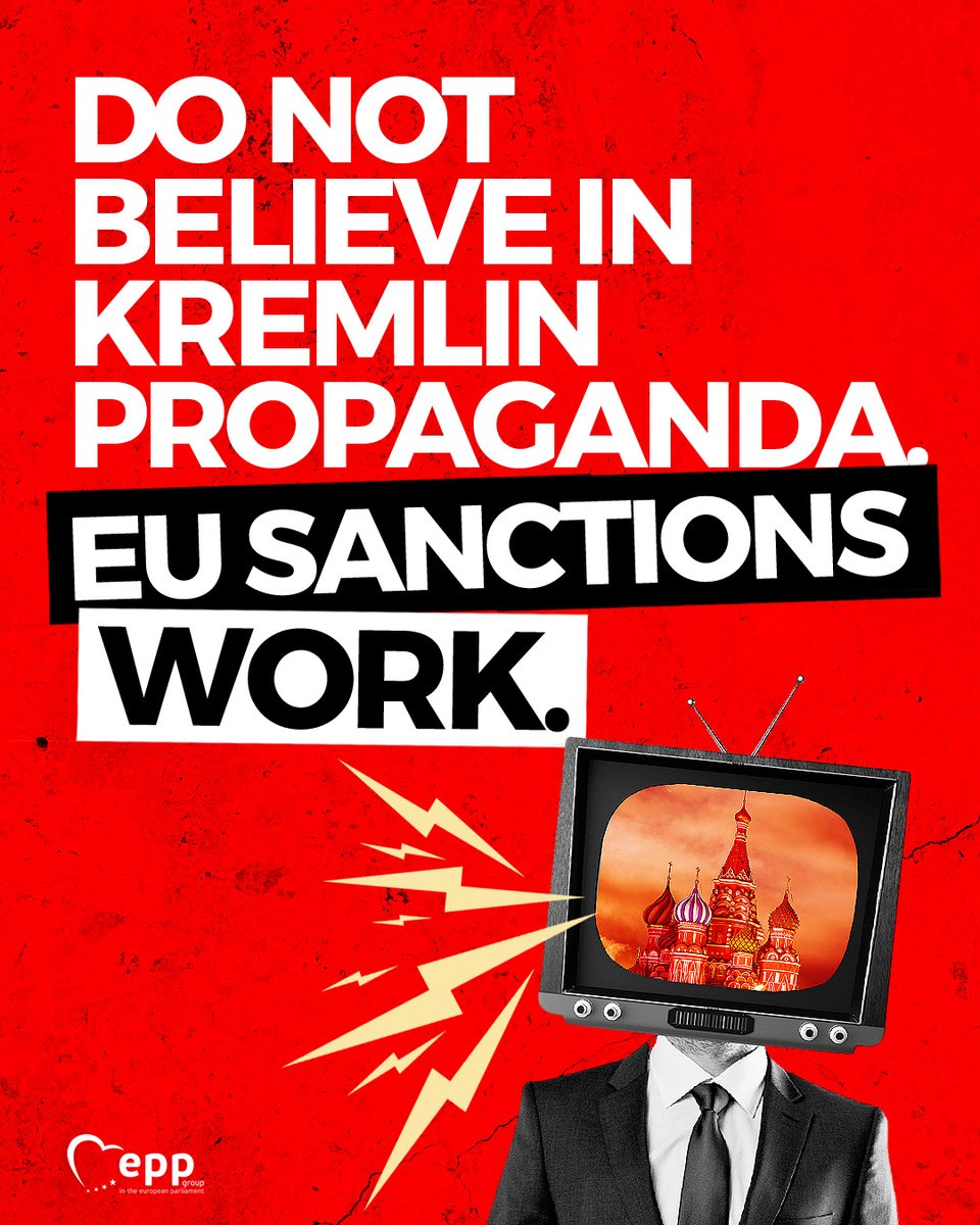Do not believe the Kremlin propagandists who try to tell you that the sanctions are not working.  

On the contrary, EU sanctions are working - they are a powerful tool to constrain Russian aggression and support Ukraine. 

Read: epp.group/9ja7yokj 
#EUSanctions