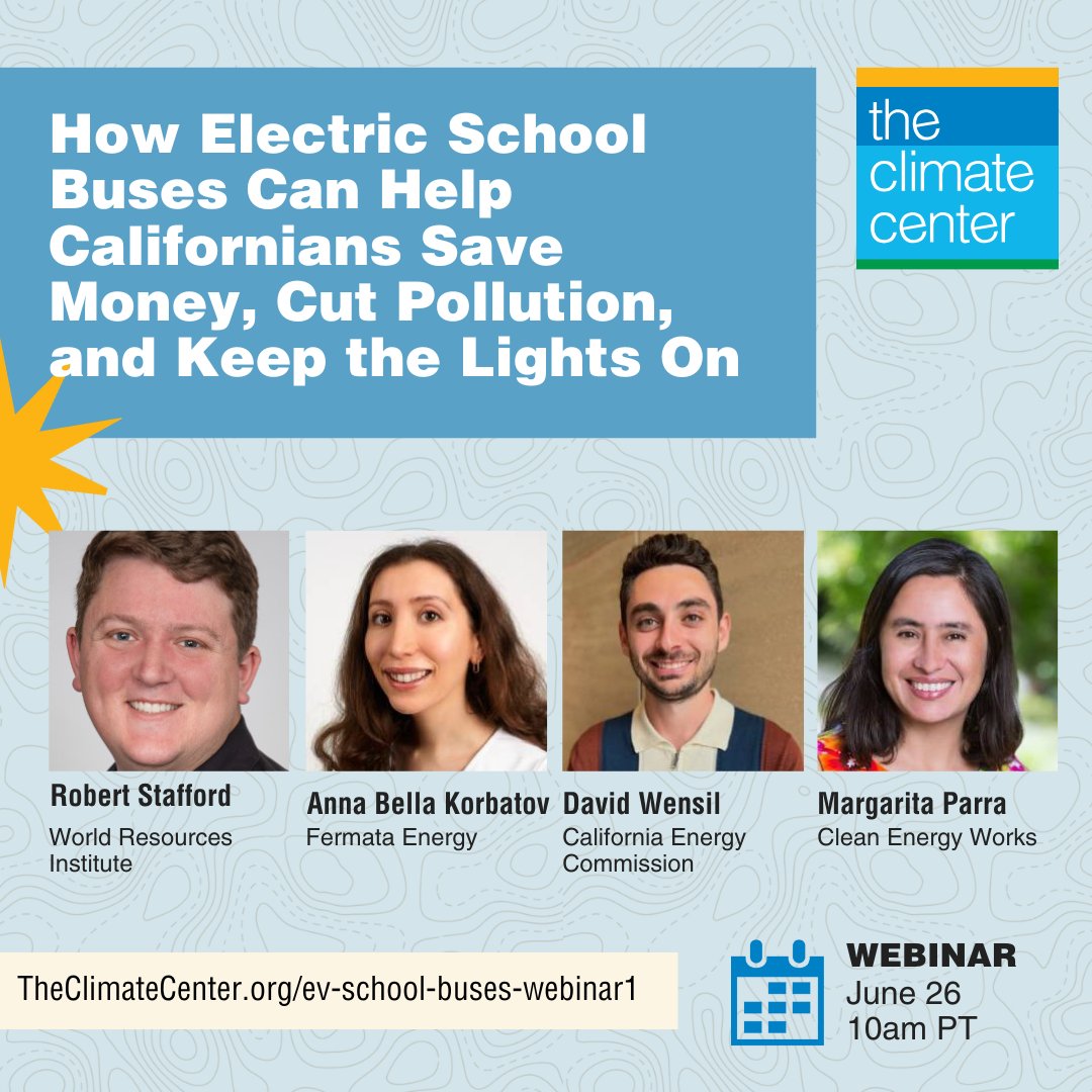 The Climate Center (@climatecampaign) on Twitter photo ✨ On June 26, we’ll explore how policies to scale up electric school bus use across CA can save money, cut pollution, and prevent power outages. Register: loom.ly/OoXo9Yc
<a href="/WorldResources/">World Resources Institute</a> <a href="/FermataEnergy/">Fermata Energy</a> <a href="/CalEnergy/">California Energy Commission - ⚡#CalEnergy</a> <a href="/ciclistamaluca/">Margarita Parra</a> <a href="/cleanenergywrks/">Clean Energy Works</a> ✨ On June 26, we’ll explore how policies to scale up electric school bus use across CA can save money, cut pollution, and prevent power outages. Register: loom.ly/OoXo9Yc
<a href="/WorldResources/">World Resources Institute</a> <a href="/FermataEnergy/">Fermata Energy</a> <a href="/CalEnergy/">California Energy Commission - ⚡#CalEnergy</a> <a href="/ciclistamaluca/">Margarita Parra</a> <a href="/cleanenergywrks/">Clean Energy Works</a>