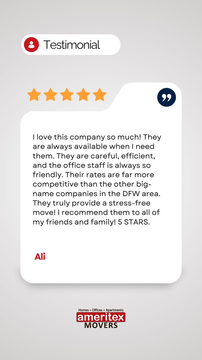 AmeritexMovers's tweet image. 🌟 5-Star Love from Ali!

Thank you, Ali, for the glowing recommendation! 💛 We’re proud to make moving easy for you and your loved ones. 🚛✨

#CustomerLove #StressFreeMoving #DFWMovers