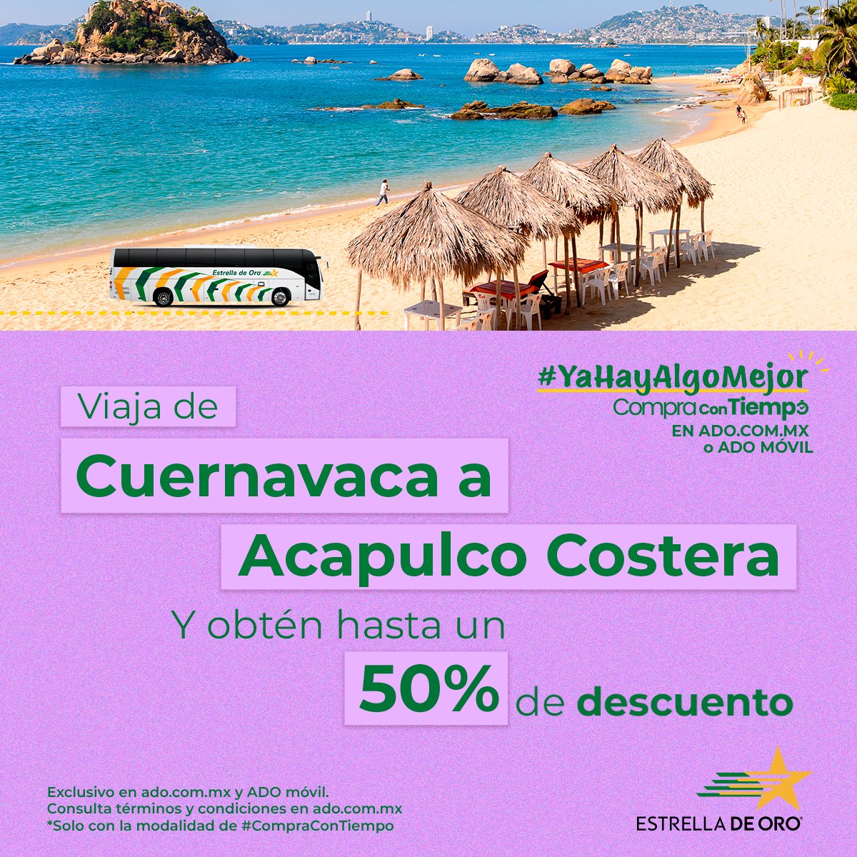 🔥¡Viaja de Cuernavaca a Acapulco con hasta 50% de descuento! ¿Listo para escapar a la playa? 🌊 Compra con tiempo y disfruta descuentos increíbles en tus boletos. ¡Solo en tinyurl.com/23vp6nad o la app ADO Móvil!
No esperes más, ¡tu aventura costera te espera! #YaHayAlgoMejor