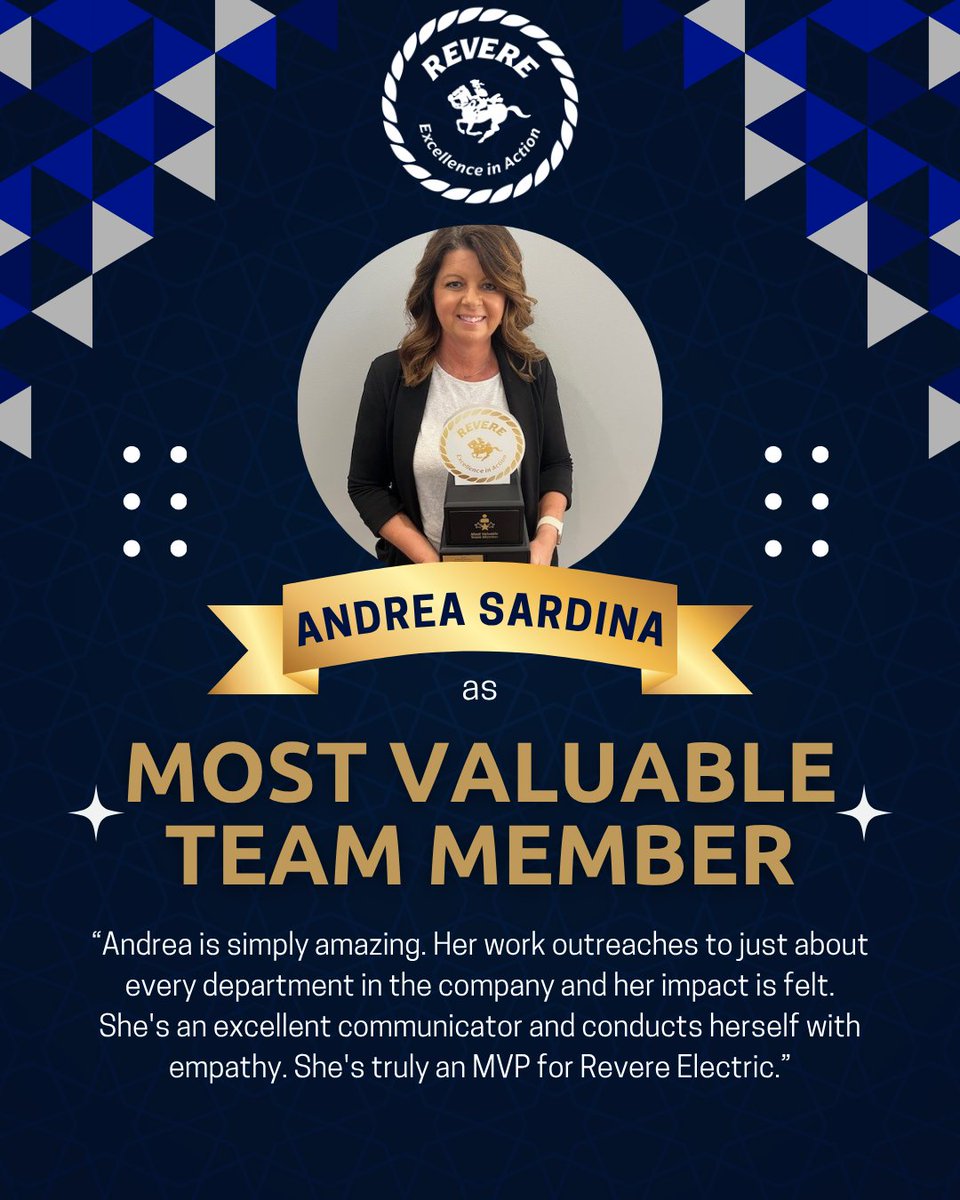 RevereElectric's tweet photo. We’re thrilled to recognize Andrea, our Senior HR Generalist Team Lead, as the recipient of our first ever Excellence in Action Awards for the Most Valuable Team Member! Andrea’s commitment to collaboration, leadership, and a positive workplace culture has made a lasting impact. https://t.co/4N3WVVRzcv
