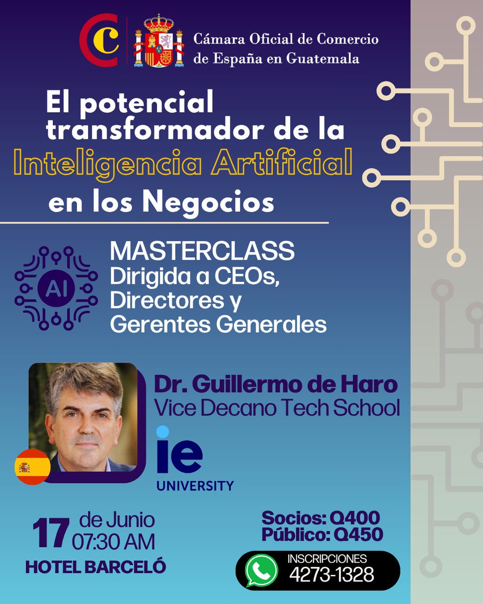 CamacoesGT (@camacoesgt) on Twitter photo Masterclass "El Potencial Transformador de la Inteligencia Artificial en los Negocios"
Socios: Q400.00
Precio Público: Q450.00
📩Inscripción: a mercadeo@camacoes.org.gt, al Whatsapp +502 42731328 o al teléfono 24703302 Masterclass "El Potencial Transformador de la Inteligencia Artificial en los Negocios"
Socios: Q400.00
Precio Público: Q450.00
📩Inscripción: a mercadeo@camacoes.org.gt, al Whatsapp +502 42731328 o al teléfono 24703302