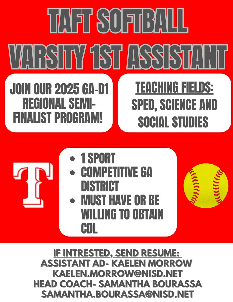 🥎Taft Raider Softball🥎 (@taftraidersb) on Twitter photo We’re hiring! Come join our program! We’re hiring! Come join our program!