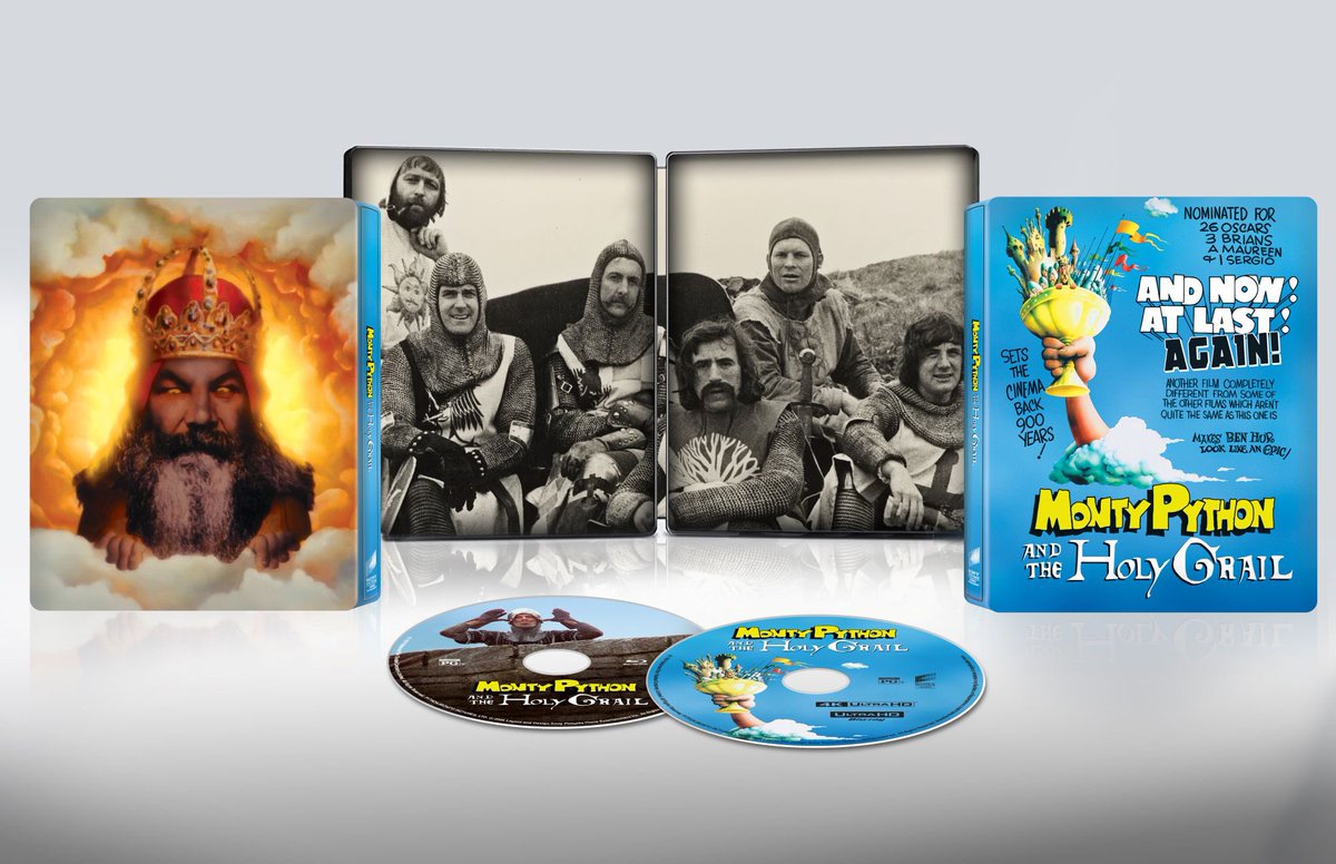 HighDefDiscNews's tweet photo. *** PRESS RELEASE ***

￼
CELEBRATING ITS 50TH ANNIVERSARY, WITH MUCH REJOICING (Yay)

MONTY PYTHON AND THE HOLY GRAIL
 
DEBUTING ON 4K ULTRA HD DISC AS A 
LIMITED EDITION STEELBOOK AUGUST 26TH

SYNOPSIS
 
Once in a lifetime there comes a motion picture that changes the whole history of motion pictures. A picture so stunning in its effect, so vast in its impact that it profoundly affects the lives of those who see it. That picture might well be MONTY PYTHON & THE HOLY GRAIL, featuring the entire Python gang in this hilarious retelling of the Knights of King Arthur and their quest for the Holy Grail.

DISC DETAILS & BONUS MATERIALS

4K ULTRA HD DISC
•Feature presented in 4K resolution with Dolby Vision
•English Dolby Atmos + English 5.1 + English Mono
•Special Features:
◦Near-Theatrical Version of the Film (in HD resolution) – Experience a slightly shorter version of the film, as seen on VHS!
◦‘Tis But A Tribute – 50 Years of Monty Python and the Holy Grail – Over 25 comedy luminaries share their memories of, affection for, and continued fascination with the film
 
BLU-RAY DISC™
•Feature presented in HD resolution
•English 5.1 & Mono
•Special Features:
◦Audio Commentary with Terry Gilliam and Terry Jones
◦Audio Commentary with John Cleese, Eric Idle and Michael Palin
◦2015 Tribeca Film Festival Q&A with Terry, Terry, Mike, John and Eric!
◦Outtakes and Extended Scenes with Introduction by Terry Jones
◦Lost Animations with Introduction by Terry Gilliam
◦Quest for the Holy Grail Locations with Michael Palin and Terry Jones
◦Lego Knights: The Knights of the Round Table in LEGO
◦Special Japanese Version
◦How to Use Your Coconuts (An Educational Film)
◦BBC Film Night on Location
◦Three Songs to Sing-Along
◦Photo Gallery
◦Original Theatrical Trailer

CAST AND CREW
Written and Performed By: Graham Chapman, John Cleese, Terry Gilliam, Eric Idle, Terry Jones, Michael Palin
Producer: Mark Forstater
Executive Producer: John Goldstone
Directed By: Terry Gilliam and Terry Jones

SPECS Run Time: Approx. 92 minutes Rating: PG 4K UHD Feature Picture: 2160p Ultra High Definition, 1.66:1 4K UHD Feature Audio: English Dolby Atmos (Dolby TrueHD 7.1 Compatible) | English 5.1 DTS-HD MA | English Mono DTS-HD MA

#4K #UHD #Bluray #PhysicalMedia #MontyPython #MontyPythonAndTheHolyGrail #SteelBook 

News story on HighDefDiscNews soon.