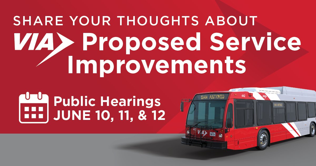 Join us for a series of Public Hearings on proposed service improvements scheduled for implementation on August 18, 2025.

📅Tuesday, June 10 | 5:30 PM
📍Guerra Branch Library
7978 Military Dr. W, San Antonio, TX 78227
 
📅Wednesday, June 11 | 5:30 PM
📍VIA Metro Center Board