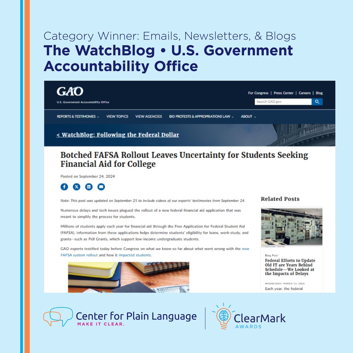 Emails, Newsletters &amp; Blogs Clearmark 2025 Winner: The WatchBlog, U.S. GAO - @usgao 

Judge: “Engaging, well-organized, and non-partisan—brilliantly done.”

bit.ly/3SlHmmP

#ClearMarkAwards #PlainLanguage