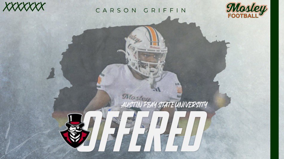 Carson D. Griffin (@bubbagriffin26) on Twitter photo Proud to have earned an offer from <a href="/GovsFB/">Austin Peay Football</a> <a href="/MosleyFBrecruit/">MosleyFBRecruiting</a> <a href="/MosleyDolphinFB/">Mosley Football</a> <a href="/On3Recruits/">On3 Recruits</a> <a href="/PrepRedzoneFL/">Prep Redzone Florida</a> <a href="/Andy_Villamarzo/">Andy Villamarzo</a> <a href="/in_huddle/">InTheHuddleScouting</a> <a href="/FlaHSFootball/">FloridaHSFootball.com</a> <a href="/FLVarsityRivals/">FlaVarsity</a> <a href="/247recruiting/">247Sports Recruiting</a> <a href="/Ath_Recruit/">The Athletic Academy Recruiting</a> <a href="/COASTLINESTARS/">⭐️️⭐️️⭐️️⭐️️⭐️️⭐️</a> <a href="/C3Elite7v7/">C3 Elite National 7 on 7</a> <a href="/AdebanjiBamide1/">Banji Bamidele</a> <a href="/4quartersonline/">4Quartersonline</a> <a href="/ESPN1043/">ESPN 1043</a> Proud to have earned an offer from <a href="/GovsFB/">Austin Peay Football</a> <a href="/MosleyFBrecruit/">MosleyFBRecruiting</a> <a href="/MosleyDolphinFB/">Mosley Football</a> <a href="/On3Recruits/">On3 Recruits</a> <a href="/PrepRedzoneFL/">Prep Redzone Florida</a> <a href="/Andy_Villamarzo/">Andy Villamarzo</a> <a href="/in_huddle/">InTheHuddleScouting</a> <a href="/FlaHSFootball/">FloridaHSFootball.com</a> <a href="/FLVarsityRivals/">FlaVarsity</a> <a href="/247recruiting/">247Sports Recruiting</a> <a href="/Ath_Recruit/">The Athletic Academy Recruiting</a> <a href="/COASTLINESTARS/">⭐️️⭐️️⭐️️⭐️️⭐️️⭐️</a> <a href="/C3Elite7v7/">C3 Elite National 7 on 7</a> <a href="/AdebanjiBamide1/">Banji Bamidele</a> <a href="/4quartersonline/">4Quartersonline</a> <a href="/ESPN1043/">ESPN 1043</a>