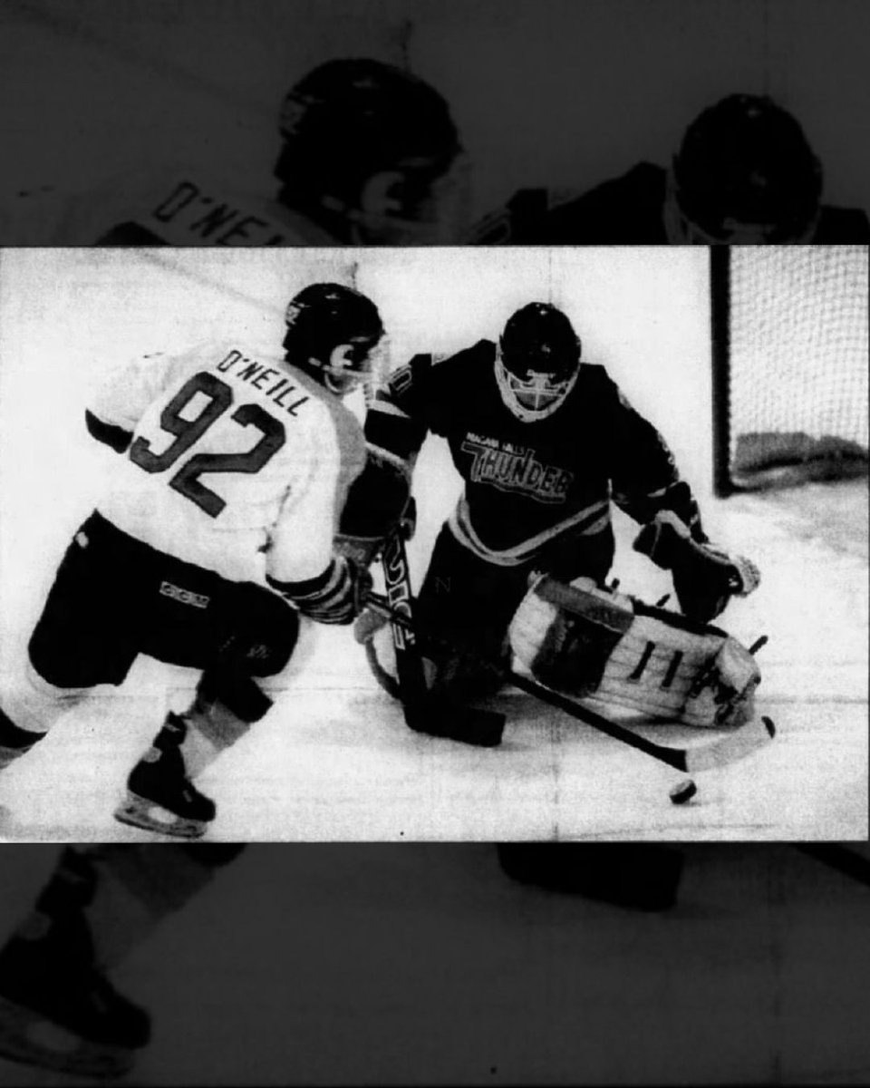 Niagara Falls Thunder's goalie, Manny Legace, deflects a shot from the Storm rookie, Jeff O'Neill. Niagara Falls clinched a 7-3 victory on November 19, 1992. 

Photo Credit - Mike DiBattista

#StormCity | #tbt